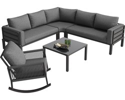 Tuinmeubelset - met hoekbank - schommelstoel en glazen tafel - gevlochten van touw - met kussens - geschikt voor terras en tuin