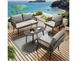 Tuinmeubelset met kussens - 2-zitsbank - 2 fauteuils en salontafel - handgeweven touw - blad van houtnerfglas - grijs