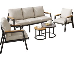 Tuinmeubelset met kussens - 3-zits bank - 2 fauteuils en 2 salontafels - marmer gelakt glazen blad en kunststof houten blad - grijs