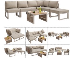 Tuinmeubelset met kussens en rugkussens - lounge stoelen voor 6 personen - buiten dubbele ligstoel - verstelbare rugleuning - beige
