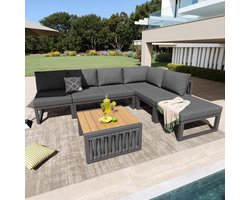 Tuinmeubelset met kussens en rugkussens - lounge stoelen voor 6 personen - buiten dubbele ligstoel - verstelbare rugleuning - grijs