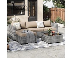 Tuinmeubelset Modulaire Loungeset 5-Delig 215 x 150 x 75 cm – Rotan Hoekbank met Tafel en Poef – Weerbestendig Balkon/Terras Set Grijs/Kaki – Nicolehome