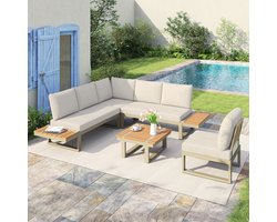 Tuinmeubelset, om te bouwen tot 2 ligbedden, hoekopstelling, met verstelbare kantelfunctie (5 standen, tot 55°), gegalvaniseerde stalen buizen, tafelblad van kunststofhout, met salontafel met planken, beige