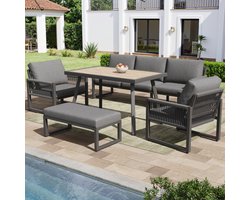 Tuinmeubelset Outdoorbank 6-7 zitplaatsen, tuinloungeset voor balkon terras, tuinbank met grote eettafel, hoogwaardige zitkussens & rugkussens, weerbestendige terrasbankset