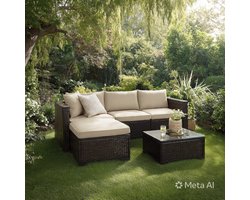 Tuinmeubelset Polyrotan Loungeset 3-4 Personen met Hoekbank, Kruk en Tafel 195x140x75 cm – Bruin/Taupe Balkon en Terras Meubelen Weerbestendig met Kussens – Urbanhome