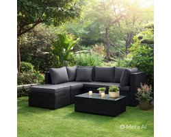 Tuinmeubelset Polyrotan Loungeset 3-4 Personen met Hoekbank, Kruk en Tafel 195x140x75 cm – Zwart/Grijs Balkon en Terras Meubelen Weerbestendig met Kussens – Urbanhome