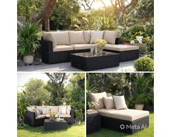 Tuinmeubelset Polyrotan Loungeset 3-4 Personen met Hoekbank, Kruk en Tafel 195x140x75 cm – Zwart/Taupe Balkon en Terras Meubelen Weerbestendig met Kussens – Urbanhome