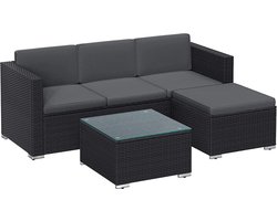 Tuinmeubelset - Rotan Bank - Tuinlounge - PE Polyethyleen Materiaal - VFT Kussens - Glazen Salontafel - 173cm x 58cm x 66cm