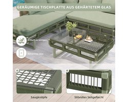 Tuinmeubelset Seilgeflecht Loungeset 5 Personen – Modulaire Outdoor Lounge 10 cm Kussens & Glazen Tafel, Weerbestendige Balkon & Terras Set met Verstelbare Poten Groen – Laura