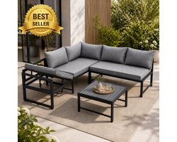 Tuinmeubelset, slaapbank, metalen en gestoffeerde balkonmeubelen, loungeset voor buiten in de tuin, hoekbank met plastic tafel en dienbladen, terrasmeubelset voor 4 tot 5 personen, L-vormige bank afmetingen: 190 x 183 x 67 cm, zwart en grijs