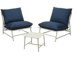 Tuinmeubelset Staal En Textilene 3-Delig Met Blauwe Kussens