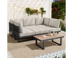 Tuinmeubelset, Tuin Lounge Fauteuil Set, Hoekbank, Outdoor Relaxbed, Salontafel, Kan omgevormd worden tot ligbed, gegalvaniseerd staal, Grijs