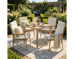Tuinmeubelset - Tuineetset - Geschikt voor 4 Personen - Bestaande uit 1 Tafel en 4 Stoelen - Gegalvaniseerd Ijzer - Tafelblad van Kunststofhout - Kaki + Beige