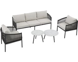 Tuinmeubelset, tuinloungeset, 3-zitsbank, 2 fauteuils en 2 salontafels, buiten, glazen blad, marmer gelakt, handgevlochten touw, gegalvaniseerd staal, grijs