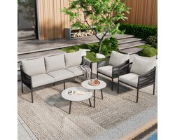Tuinmeubelset, tuinloungeset, 3-zitsbank, 2 fauteuils en 2 salontafels, buiten, glazen blad, marmer gelakt, handgevlochten touw, gegalvaniseerd staal, grijs