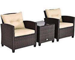 Tuinmeubelset van PE-rotan met afneembare kussens en glazen salontafel - Comfortabele meubels voor tuin, terras en balkon