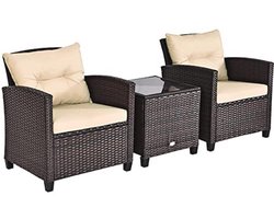 Tuinmeubelset van PE-rotan met afneembare kussens en glazen salontafel - Comfortabele meubels voor tuin, terras en balkon