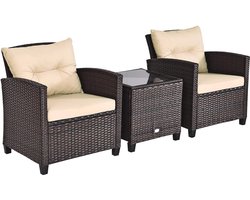 Tuinmeubelset van PE-rotan met afneembare kussens en glazen salontafel - Comfortabele meubels voor tuin, terras en balkon