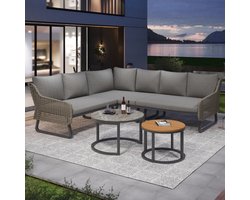 Tuinmeubelset voor 6-7 personen, loungeset voor buiten, rotan ambacht, met twee tafels, met gegalvaniseerd ijzeren frame, verstelbare poten, inclusief alle zit- en rugkussens, grijs