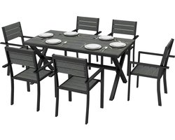 Tuinmeubelset voor 6 Personen, 7-delige Tuinset met Tafel en 6 Stapelbare Eettafel en stoelen met houtnerf-afwerking, aluminium frame, Weerbestendig, voor Tuin, Terras en Balkon, grijs