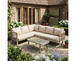 Tuinmeubelset voor 6 personen - hoekbank - glazen tafelblad - geweven van textilene touw - inclusief eettafel - bank - stoelen en bank - khaki