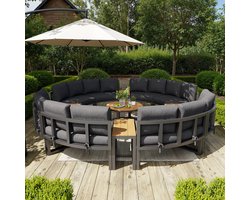 Tuinmeubelset voor 8-12 personen, loungeset voor de tuin, comfortabel tuinmeubilair met grijze zitkussens en sierkussens, verstelbare poten, elegante ronde bank, grijs