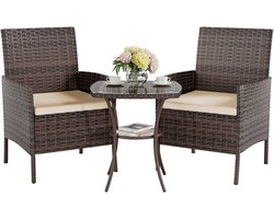 Tuinmeubelset voor buiten - 2 stoelen met kussen en 1 salontafel van gehard glas, rotan tuinbank voor terras en tuin, bruin