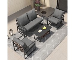 Tuinmeubelset Zwart - Lounge Set voor 4 Personen - Met Bank, Salontafel & Kussens - Afneembare Wasbare Bekleding - Tuinset - Balkonset - Terrasmeubelen