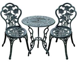Tuinmeubilair 3-delige set tuin tafelstoel combinatie met 1 tafel 60x60x69cm + 2 stoelen 49x40x82cm vintage groen stevig duurzaam metalen frame elegante retro bloemendecoratie roestbestendige lichte constructie geschikt voor tuin en balkon