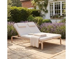 Tuinmeubilair voor 2 personen - tuinstoel - ligstoel - buitenbed - verstelbare rugleuning - met uittrektafel - met hoofdkussen - beige