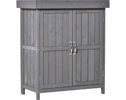 Tuinopbergkast, 74 x 43 x 88 cm, donkergrijs, hout, tuin gereedschapskast, tuinwerkplaats, gereedschapsopslag, met dubbele deuren en 2 planken, geschikt voor tuin, terras.