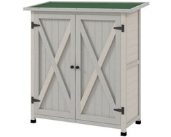 Tuinopbergkast, tuin gereedschapskast, tuinwerkplaats, regenbestendige opbergkast met 2 deuren, met werkblad, voor gereedschapsopslag, geschikt voor tuin, terras, 110 x 55 x 117 cm, lichtgrijs, hout.