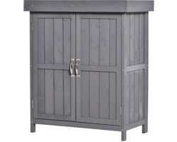 Tuinopbergkast, tuin gereedschapskast, tuinwerkplaats, tuin gereedschapsopslag, dubbele deuren, 2 planken, geschikt voor tuin, terras, 74 x 43 x 88 cm, donkergrijs, hout.