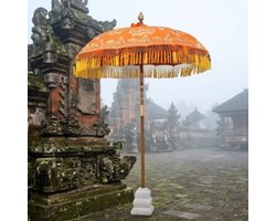 Tuinparasol 180 cm Ø Bali Stijl Handgemaakt Katoen & Hout – Retro Oosterse Parasol met Bamboe Frame – Decoratieve Parasol voor Tuin, Terras & Interieur – Oranje/Goud Geel – Model Bella – NoviHome