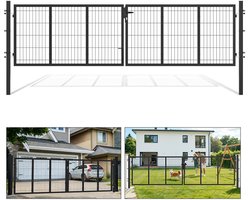 Tuinpoort - Dubbele poort - 350x100 cm Antraciet - gepoedercoat staal - Tuinpoort - incl. slot Deurgreep en sleutels - Tuinhekwerk - Hekpoort - met gaasdeur en muurrooster - Schutting tuinhek