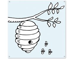 Tuinposter 100x100 cm - Tuindecoratie Cartoonachtige illustratie van bijen en een bijenkorf - Poster voor in de tuin - Buiten decoratie - Schutting tuinschilderij - Tuindoek muurdecoratie - Wanddecoratie balkondoek