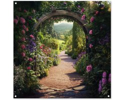Tuinposter 100x100 cm - Tuindecoratie Doorkijk - Bloemen - Natuur - Rozenboog - Poster voor in de tuin - Buiten decoratie - Schutting tuinschilderij - Tuindoek muurdecoratie - Wanddecoratie balkondoek