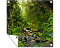 Tuinposter 100x100 cm - Tuindecoratie Natuur - Water - Jungle - Bos - Tropisch - Poster voor in de tuin - Buiten decoratie - Schutting tuinschilderij - Tuindoek muurdecoratie - Wanddecoratie balkondoek
