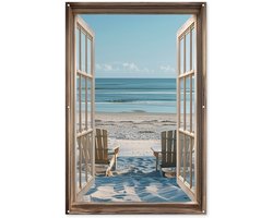 Tuinposter 120x180 cm - Tuindecoratie Doorkijk - Strandstoelen - Duinen - Zee - Natuur - Poster voor in de tuin - Buiten decoratie - Schutting tuinschilderij - Tuindoek muurdecoratie - Wanddecoratie balkondoek