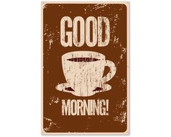 Tuinposter 120x180 cm - Tuindecoratie Koffie - Spreuken - Good morning! - Quotes - Vintage - Poster voor in de tuin - Buiten decoratie - Schutting tuinschilderij - Tuindoek muurdecoratie - Wanddecoratie balkondoek