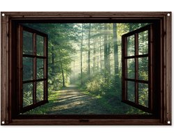 Tuinposter 120x80 cm - Tuindecoratie Bos - Doorkijk - Natuur - Bomen - Donkerbruin raam - Poster voor in de tuin - Buiten decoratie - Schutting tuinschilderij - Tuindoek muurdecoratie - Wanddecoratie balkondoek