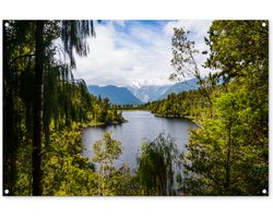 Tuinposter 120x80 cm - Tuindecoratie Bos kijkt uit op Franz Josef- en Foxgletsjer in Nieuw-Zeeland - Poster voor in de tuin - Buiten decoratie - Schutting tuinschilderij - Tuindoek muurdecoratie - Wanddecoratie balkondoek
