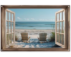 Tuinposter 120x80 cm - Tuindecoratie Doorkijk - Strandstoelen - Duinen - Zee - Natuur - Poster voor in de tuin - Buiten decoratie - Schutting tuinschilderij - Tuindoek muurdecoratie - Wanddecoratie balkondoek