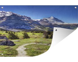 Tuinposter 120x80 cm - Tuindecoratie Voetpad naar de Scheidegg bergpas met de Eiger in Zwitserland - Poster voor in de tuin - Buiten decoratie - Schutting tuinschilderij - Tuindoek muurdecoratie - Wanddecoratie balkondoek