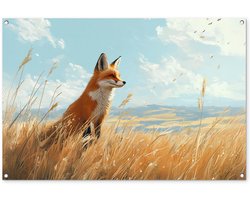 Tuinposter 120x80 cm - Tuindecoratie Vos - Gras - Wolken - Oranje - Poster voor in de tuin - Buiten decoratie - Schutting tuinschilderij - Tuindoek muurdecoratie - Wanddecoratie balkondoek