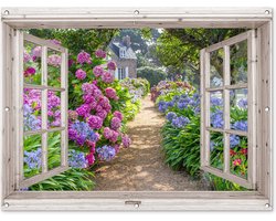 Tuinposter 120x90 cm - Tuindecoratie Hortensia - Doorkijk - Bloemen - Zomer - Paars - Pad - Poster voor in de tuin - Buiten decoratie - Schutting tuinschilderij - Tuindoek muurdecoratie - Wanddecoratie balkondoek