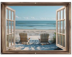Tuinposter 160x120 cm - Tuindecoratie Doorkijk - Strandstoelen - Duinen - Zee - Natuur - Poster voor in de tuin - Buiten decoratie - Schutting tuinschilderij - Tuindoek muurdecoratie - Wanddecoratie balkondoek