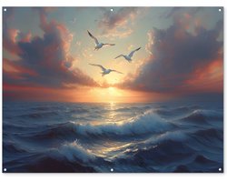 Tuinposter 160x120 cm - Tuindecoratie Meeuwen - Zonsondergang - Zee - Wolken - Poster voor in de tuin - Buiten decoratie - Schutting tuinschilderij - Tuindoek muurdecoratie - Wanddecoratie balkondoek