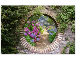 Tuinposter 180x120 cm - Tuindecoratie Doorkijk - Bloemen - Hortensia - Zomer - Poster voor in de tuin - Buiten decoratie - Schutting tuinschilderij - Tuindoek muurdecoratie - Wanddecoratie balkondoek