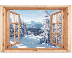 Tuinposter 180x120 cm - Tuindecoratie Doorkijk - Winterlandschap - Natuur - Berg - Bomen - Hout - Poster voor in de tuin - Buiten decoratie - Schutting tuinschilderij - Tuindoek muurdecoratie - Wanddecoratie balkondoek